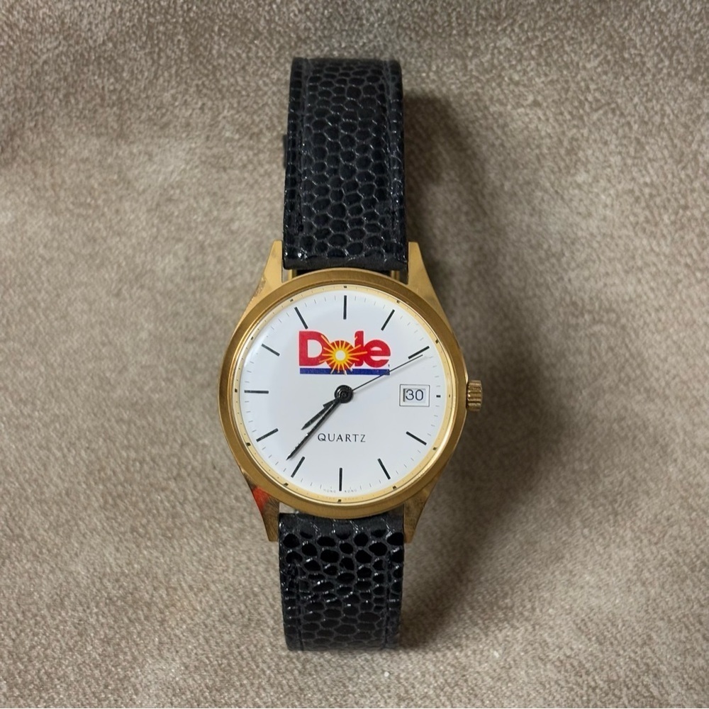 Ladies Eurotech Dole Banana Fruit Advertising Gold Tone Black Leather Watch